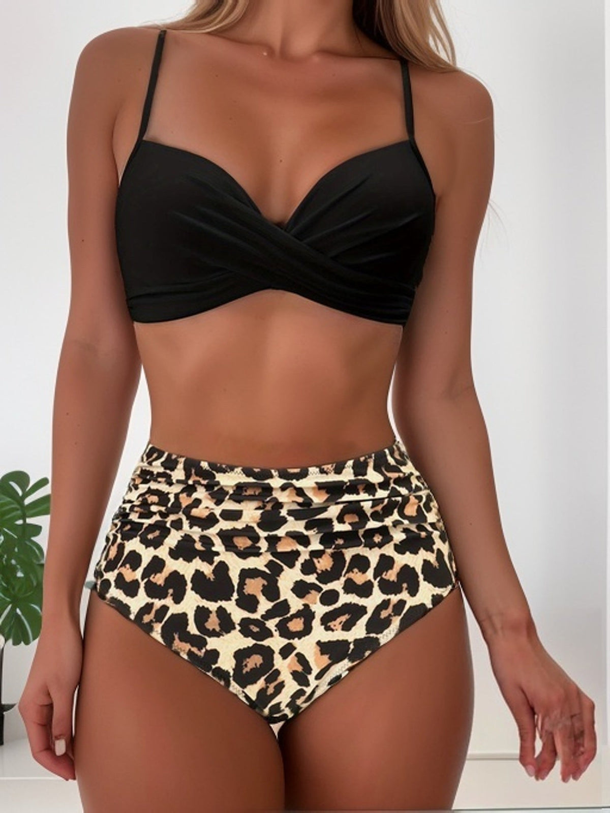 Tropical Vibe High Waist Bikini Set – Flirty V-Neck Swimsuit with Layered Colorblock High Cut Bottom Crisscross Strap Detail & Ultra-Stretch Comfort – Women's Two Piece Swimwear for Summer Beach Pool & Vacation Fun