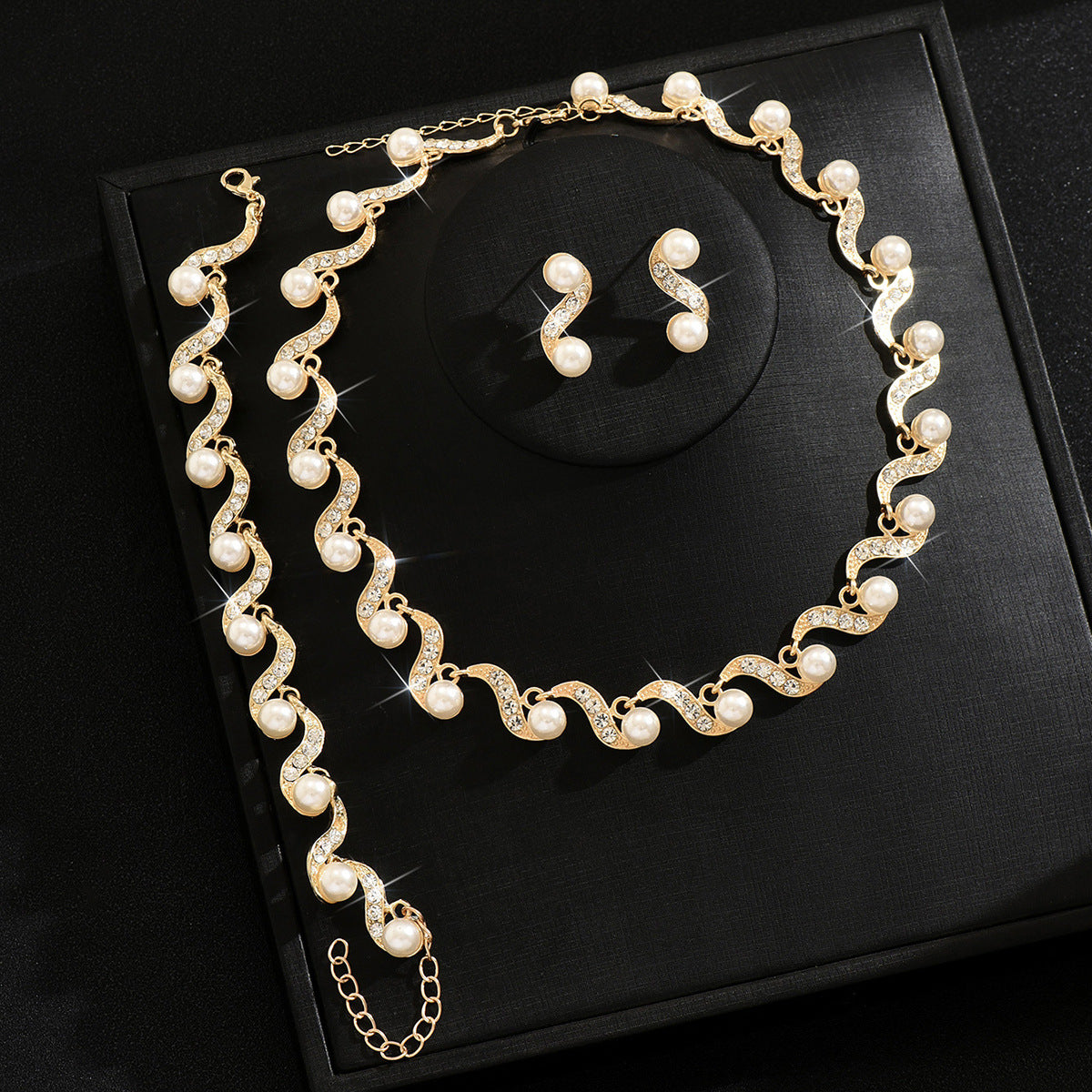 Cross-border Bridal Wedding Dress Rhinestone Pearl Necklace, Earrings, Bracelet Set, Luxurious And Dazzling For Prom And Party