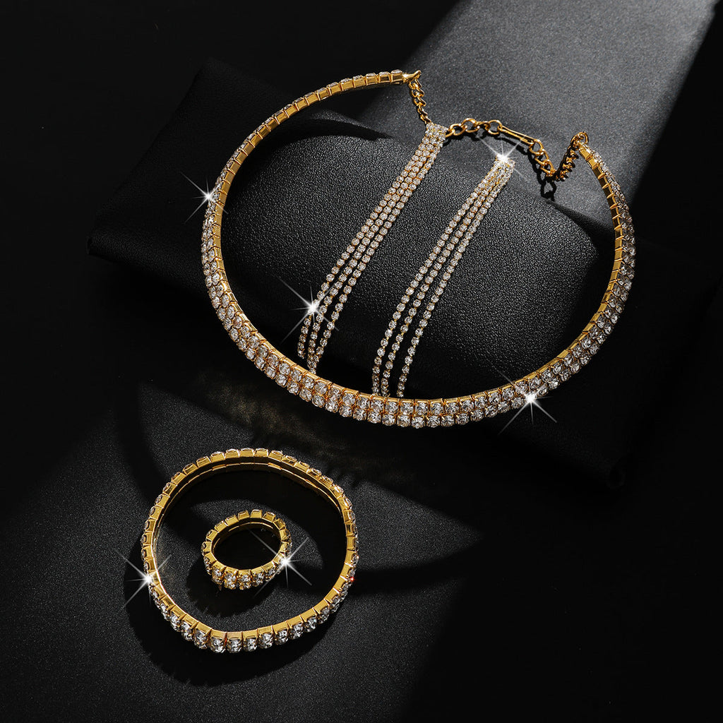 Eco-friendly Zircon Double Layer Choker Tassel Necklace Earrings Ring Bracelet 4Pcs Set Women Jewelry Set For Daily Dating Banquet Party Occasions