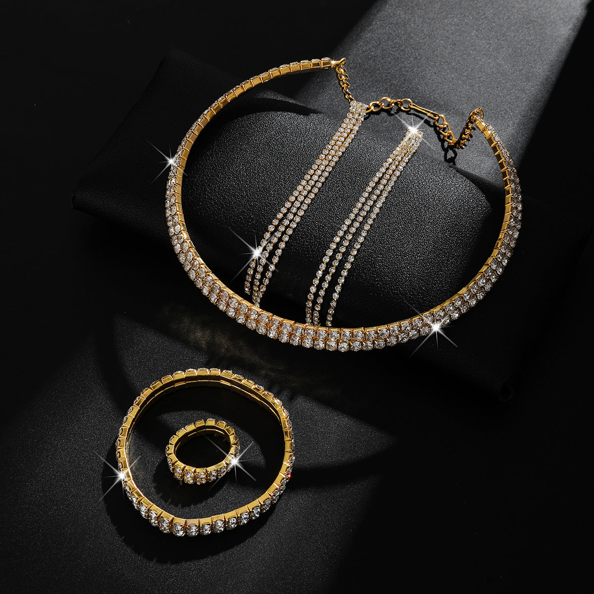 Eco-friendly Zircon Double Layer Choker Tassel Necklace Earrings Ring Bracelet 4Pcs Set Women Jewelry Set For Daily Dating Banquet Party Occasions