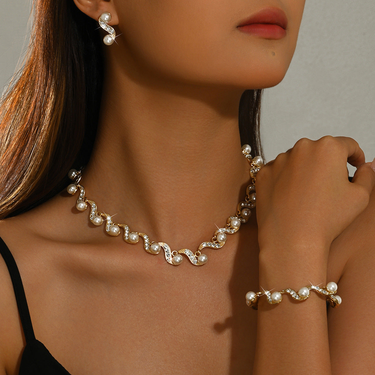 Cross-border Bridal Wedding Dress Rhinestone Pearl Necklace, Earrings, Bracelet Set, Luxurious And Dazzling For Prom And Party