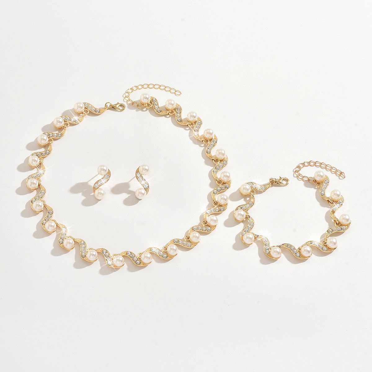 Cross-border Bridal Wedding Dress Rhinestone Pearl Necklace, Earrings, Bracelet Set, Luxurious And Dazzling For Prom And Party
