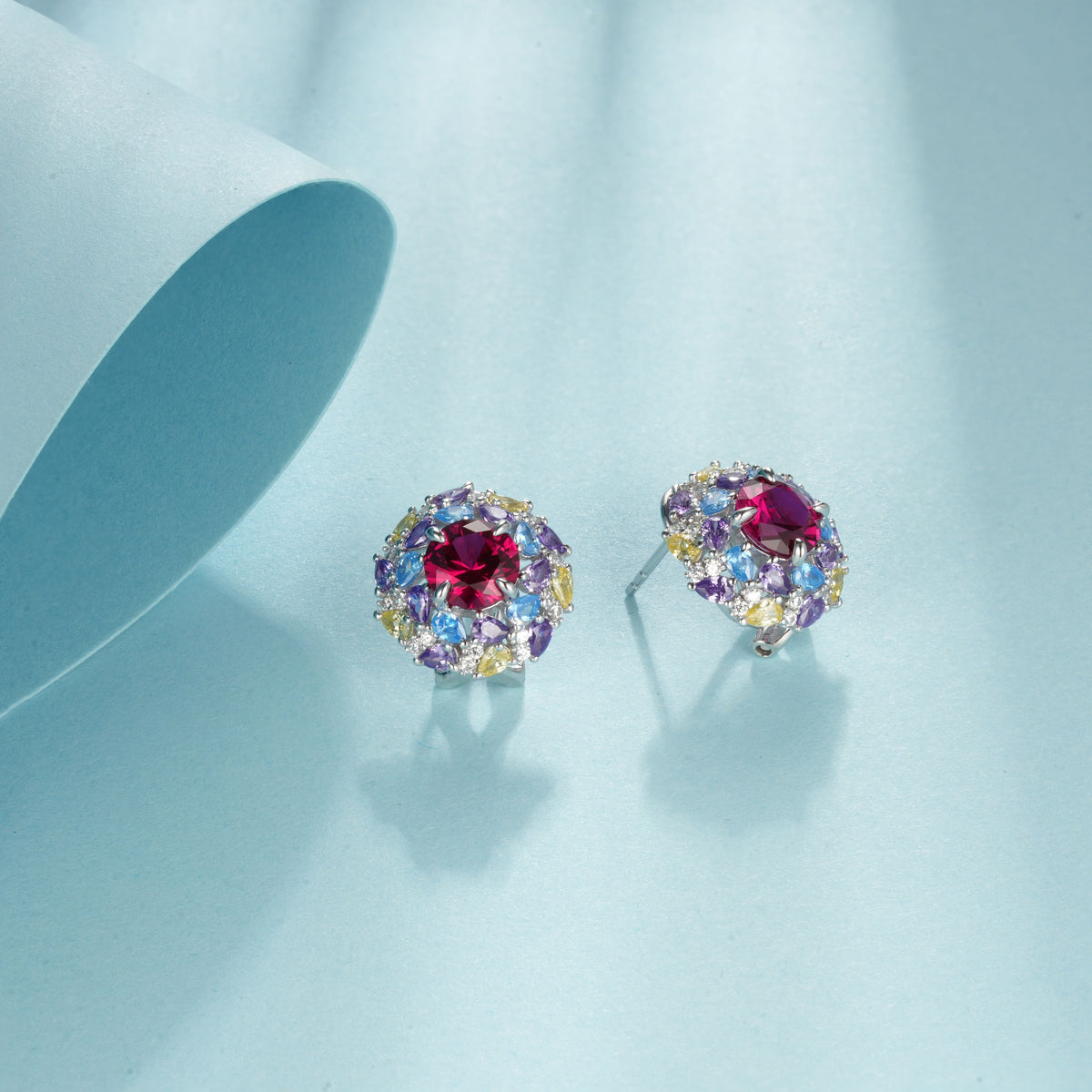 S925 Silver 6.5g 2ct Lab-Created Ruby Earrings, Multicolor Cluster, Pair
