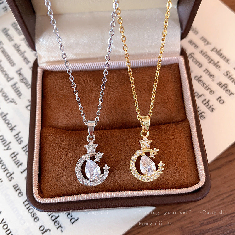 Star Moon Waterdrop Zircon Pendant Necklace Women Neck Jewelry For Daily Dating Banquet Party Occasions
