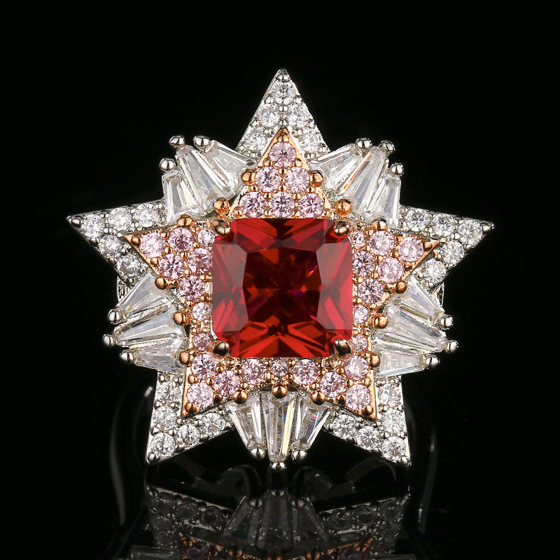 Huayoumei Five Pointed Star Zircon Necklace Ring Set Red Stone Women Jewelry Set For Daily Dating Office Banquet Party Occasions