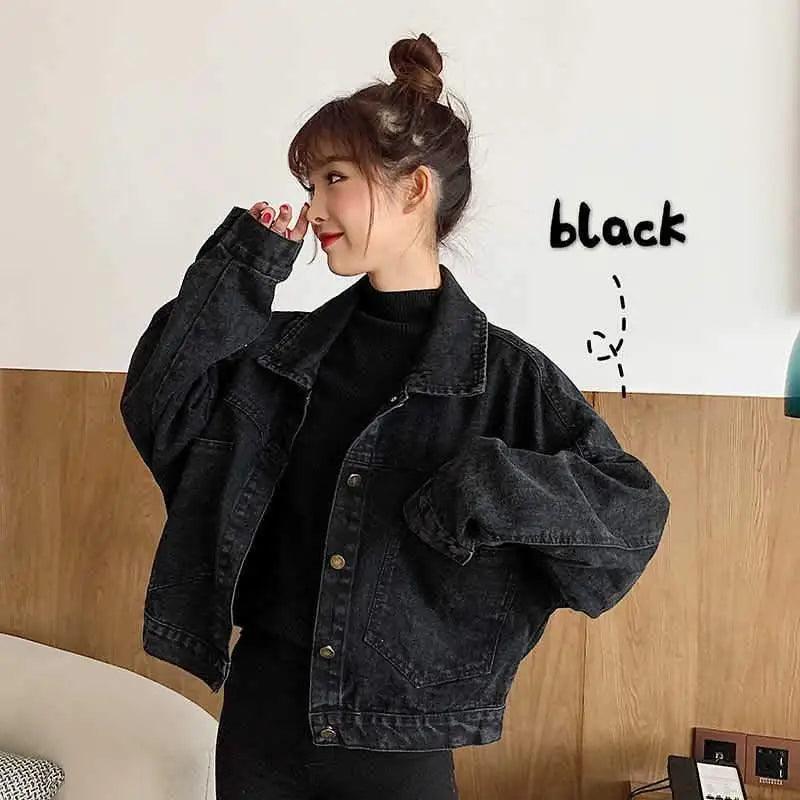 Elegance Black Denim Short Jackets For Women Loose Single Breasted Button Pockets Stylish Chic Retro Casual Streetwear For Women