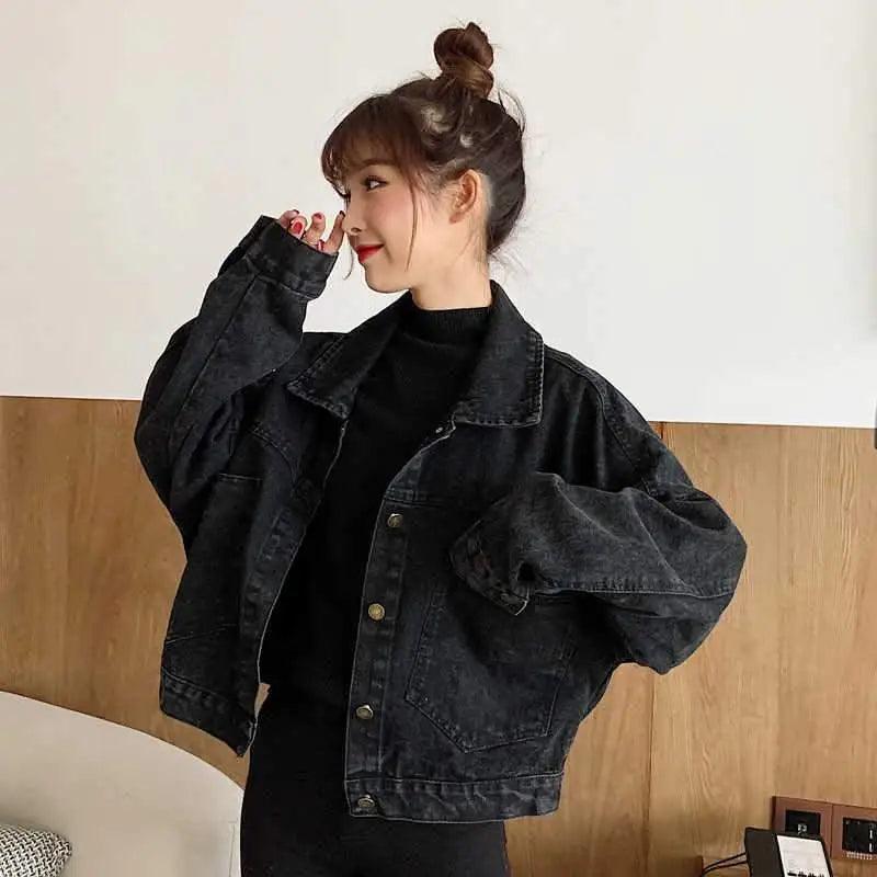 Elegance Black Denim Short Jackets For Women Loose Single Breasted Button Pockets Stylish Chic Retro Casual Streetwear For Women