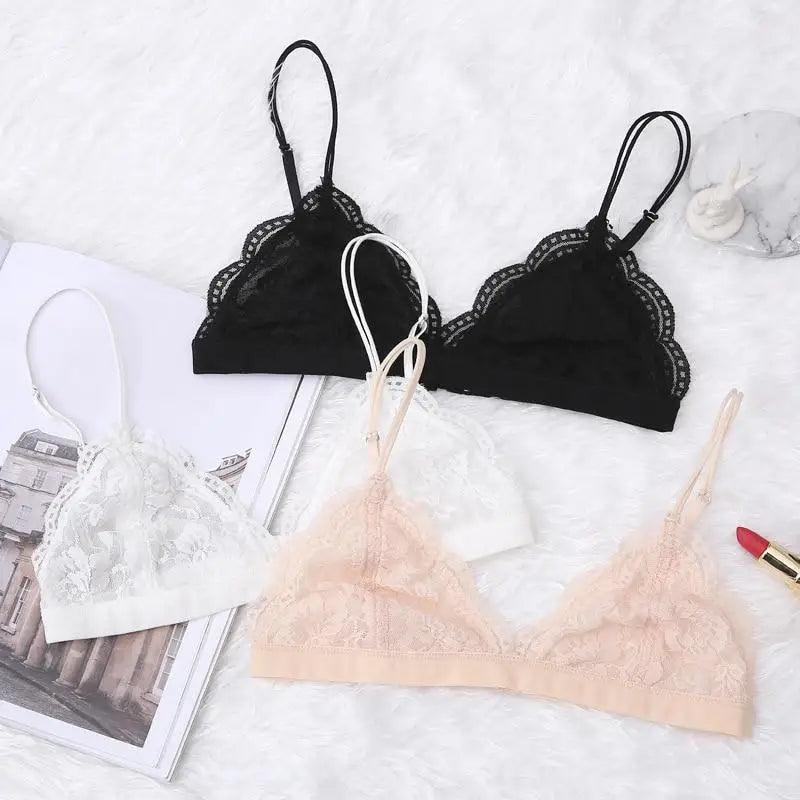 Elegance Lace Thin Triangle Bra For Women Wireless Lingerie Transparent Solid White/Black