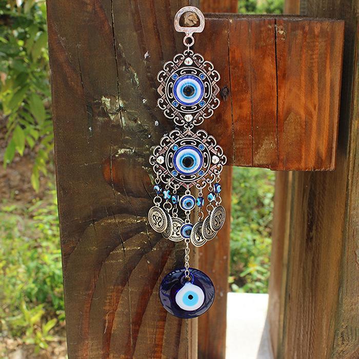Evil Eye Wind Chimes Home Wall Hanging Decor Blue Evil Eye Wall Hanging Ornament With Round Eye Design Metal Home Decor Protection And Good Luck Charm Gift Blessing Protection Gift Dream Catcher Blue Rhinestone Wind Chimes