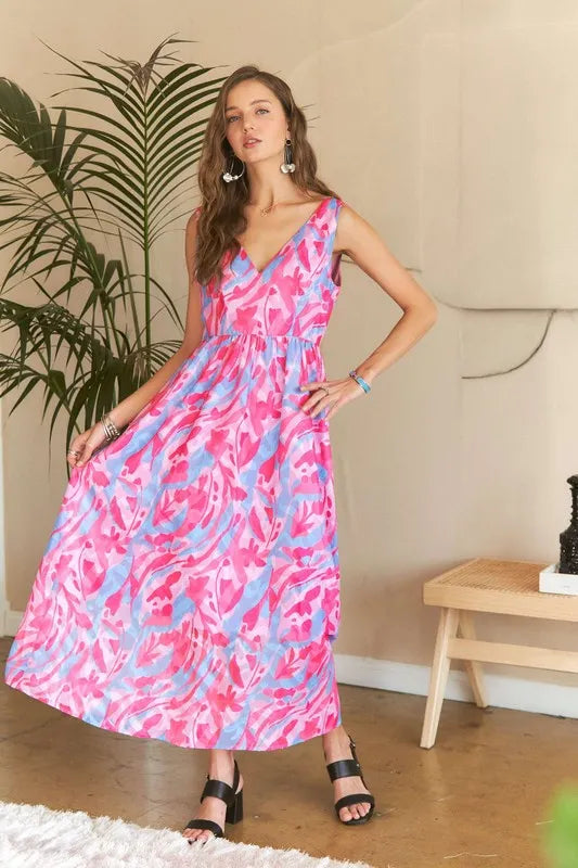 New Summer Abstract Floral V-Neck Maxi Dress – Elegant, Artistic Print, Flattering Silhouette, Sophisticated Glamour
