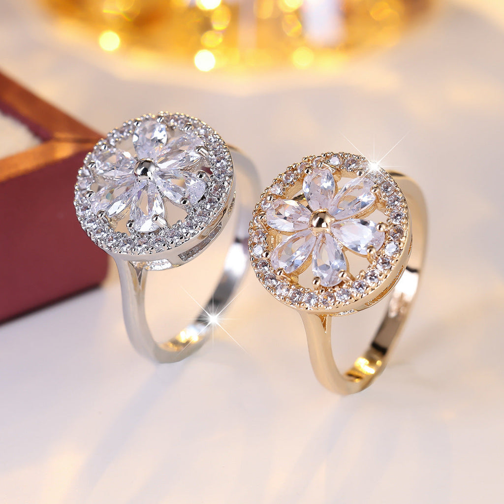 Luxury Pave Cubic Zirconia Flower Ring For Women, Minimalist Fashion Versatile Daily Wear Finger Ring