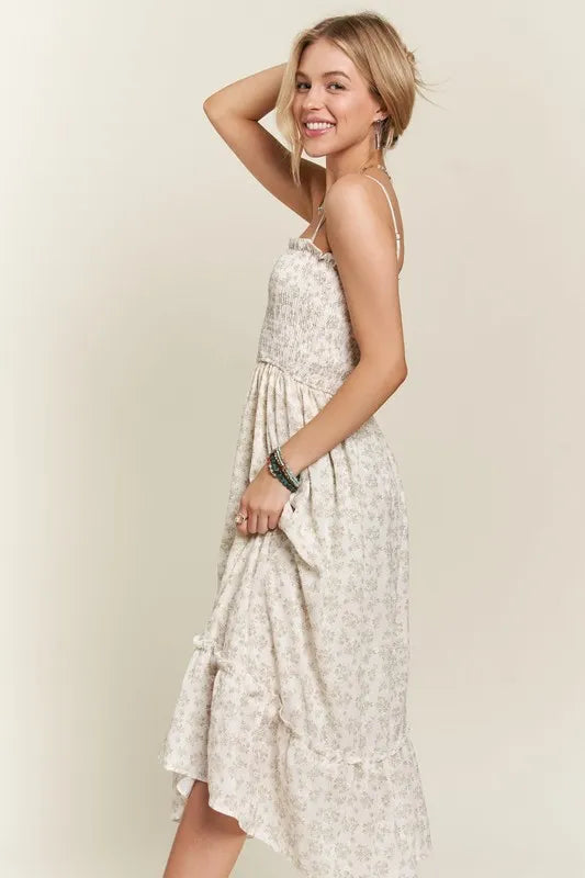 Smocked Floral Ruffled Hem Cami Dress For Women – Boho-Inspired Smocked Floral Cami Fluttering Dress with Playful Ruffled Hem