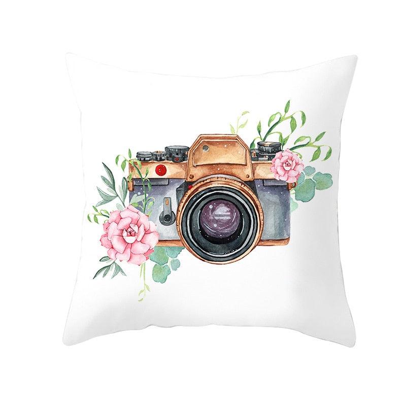 Fancy Theme Pillow Cover Hand Painted Flowers Camera Super Soft Chair Cushion Cover For Home Decoration Pink Flowers Digital Print Pillow Cover Queen Cushion Cover Book Vase Decor Throw Pillow Case Fancy Theme Decorative Accent Pillow 45X45cm