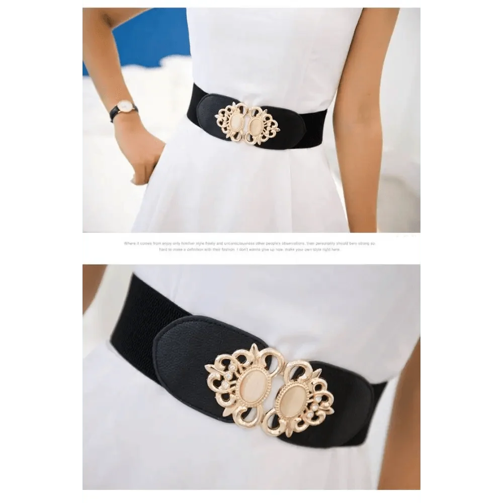 Fashion Black Elastic Waistband One-Piece Dress Women Decorative Belt Elegant Women's Style Party Dress Belts