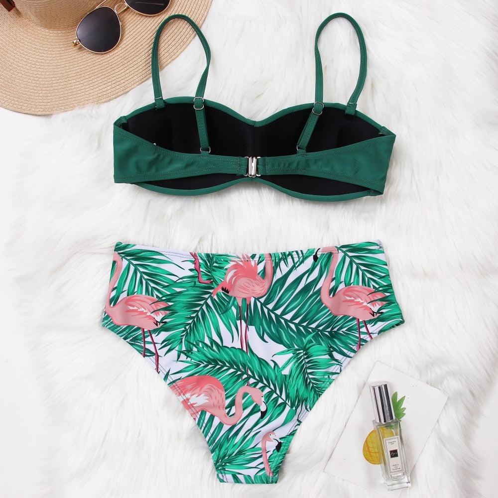 High Waist Bikini Set Women  Bikini Flower Swimwear Women High Waist Bikini Halter Two Piece Bathing Suits Tummy Control Swimsuit Push Up Swimwear Vintage Halter Neck Swimsuit Female Green Bathing Suit