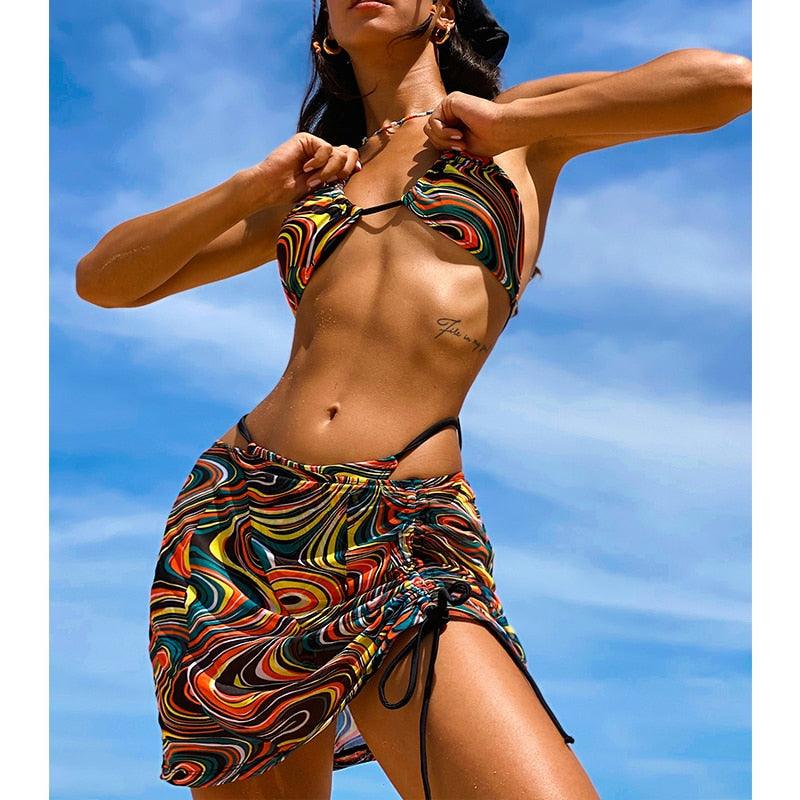 High Waist Mesh Skirt Swimsuit Triangle Micro Bikini Set 3-Piece High Cut Swimwear Women's Bikini Swimsuits With Wrap Skirt, 3 Pieces Strings High Cut Bikini Set Bathing Suits Women Vintage Print Bathing Suit