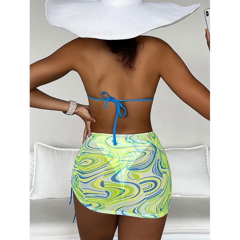 High Waist Mesh Skirt Swimsuit Triangle Micro Bikini Set 3-Piece High Cut Swimwear Women's Bikini Swimsuits With Wrap Skirt, 3 Pieces Strings High Cut Bikini Set Bathing Suits Women Vintage Print Bathing Suit