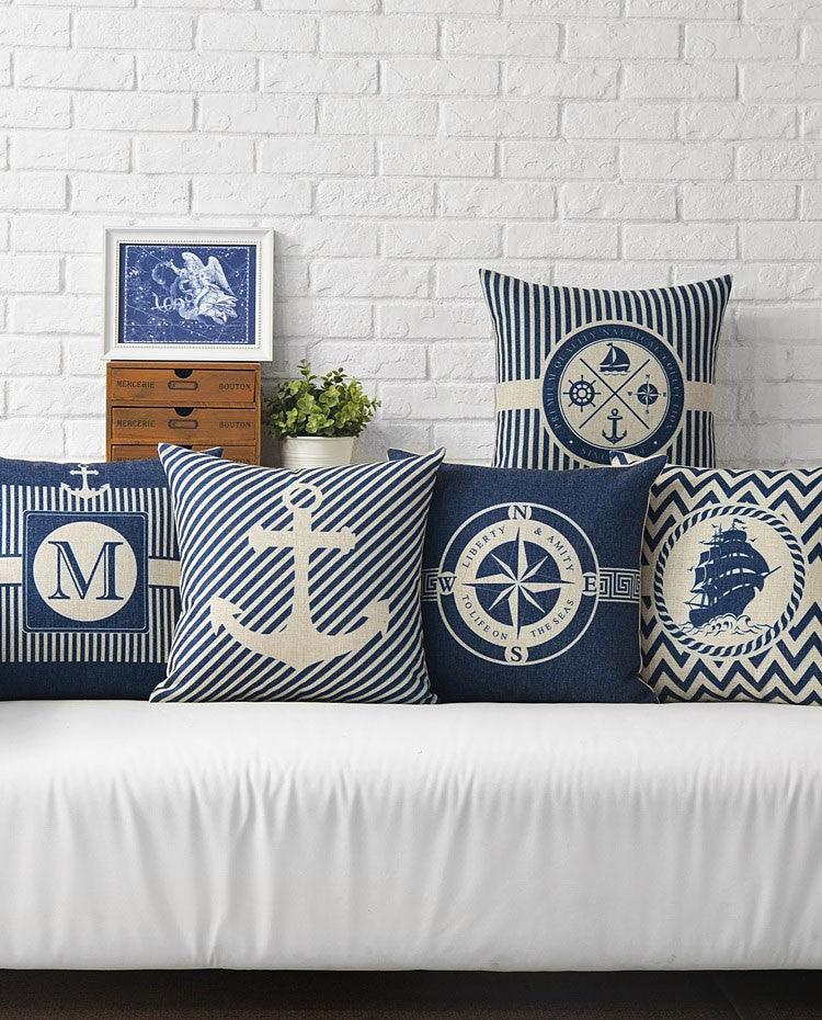 Home Decorative Pillows Mediterranean Pillow Cover Blue Anchor Navigation Compass Sailboat Pillowcase Decorative Cushion Cover For Home Cover Sea Blue Compass Marine Ship Linen Pillow Case Cushion Cover 45x45CM