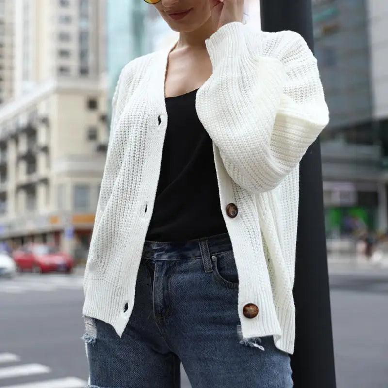 Hot Look Stylish Women's Knitted Cardigans Sweater Fashionable Autumn Long Sleeve Loose Coat Casual Button Thick V Neck Solid Female Tops