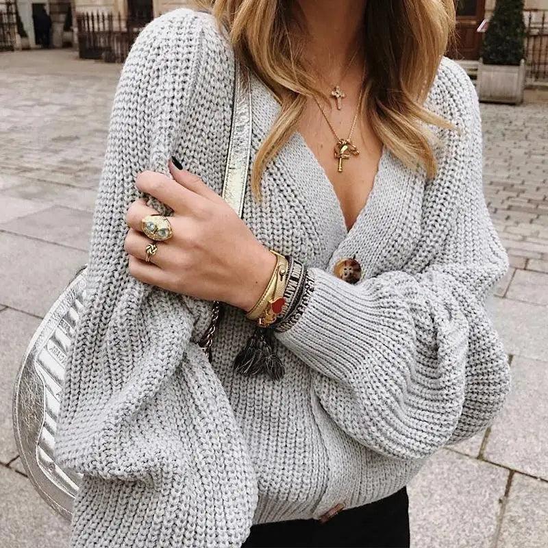 Hot Look Stylish Women's Knitted Cardigans Sweater Fashionable Autumn Long Sleeve Loose Coat Casual Button Thick V Neck Solid Female Tops