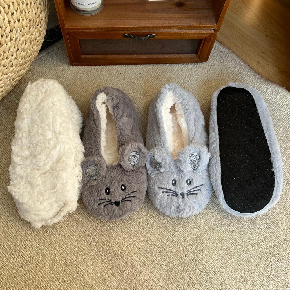House Slipper Women Winter Non Skid Indoor Fur Cotton Warm Plush Home Fluffy Mouse Ears Memory Foam House Slippers Cozy Cute Animal Home Slipper For Women