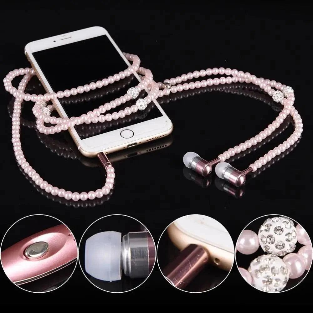 Ladies Luxury Pearl Necklace Pink Earphones With Mic Excellent Sound Quality Stereo Earphones For Everyday Use