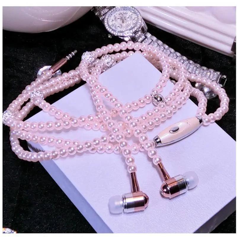 Ladies Luxury Pearl Necklace Pink Earphones With Mic Excellent Sound Quality Stereo Earphones For Everyday Use