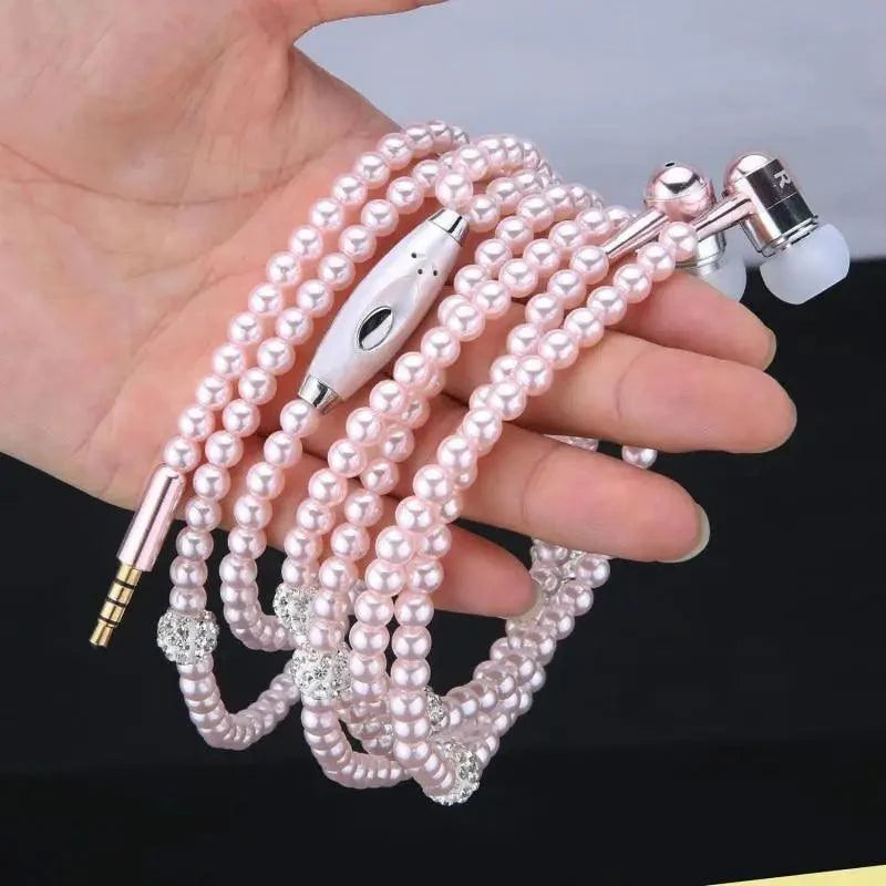 Ladies Luxury Pearl Necklace Pink Earphones With Mic Excellent Sound Quality Stereo Earphones For Everyday Use