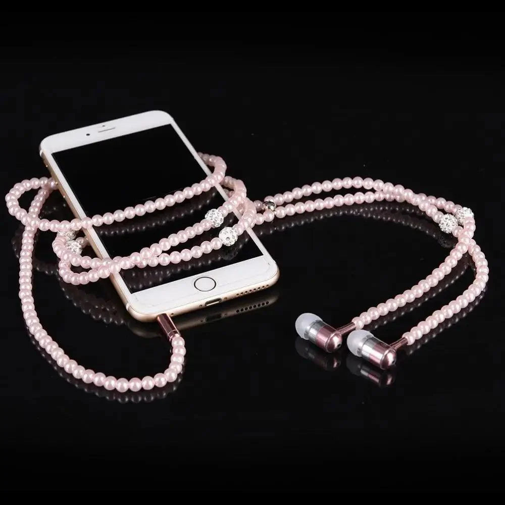 Ladies Luxury Pearl Necklace Pink Earphones With Mic Excellent Sound Quality Stereo Earphones For Everyday Use