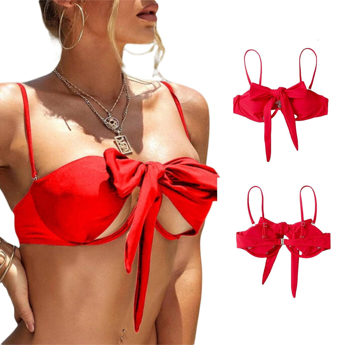 Ladies Summer Solid Color  Swimsuit Female Detachable Shoulder Strap Halter Bikini Women's Bikini Swimsuits One Piece Bathing Suits Tie Knot Cutout Swimwear with Crisscross Design