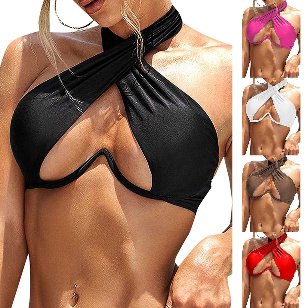 Ladies Summer Solid Color  Swimsuit Female Detachable Shoulder Strap Halter Bikini Women's Bikini Swimsuits One Piece Bathing Suits Tie Knot Cutout Swimwear with Crisscross Design