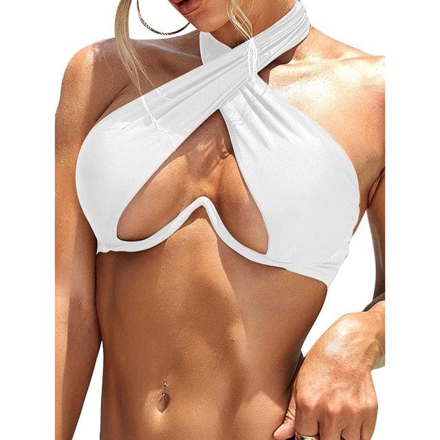 Ladies Summer Solid Color  Swimsuit Female Detachable Shoulder Strap Halter Bikini Women's Bikini Swimsuits One Piece Bathing Suits Tie Knot Cutout Swimwear with Crisscross Design