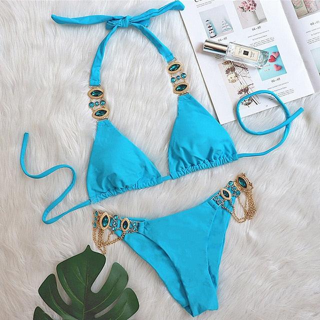 Luxury Purple Halter Crystal Diamond Bikini Female Swimsuit Women Swimwear Rhinestone Bikini Set Bathing Suit Women's Swimwear Rhinestone Halter Low Waist Tie Side Bikini Set 2 Pieces Crystal Diamond Swimsuit