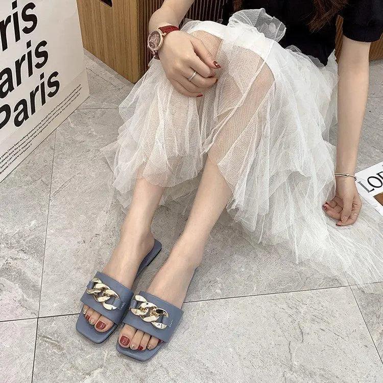 Luxury Women Summer Slipper Square Toe Chain Slippers Fashion Open Toe Metal Chain Beach Shopping Party Flip Flops For Women