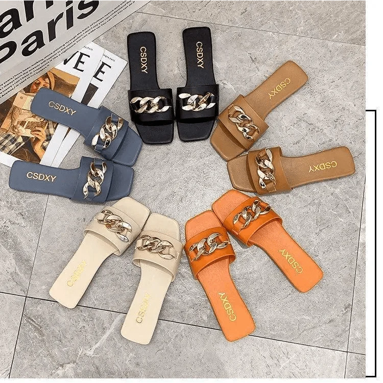Luxury Women Summer Slipper Square Toe Chain Slippers Fashion Open Toe Metal Chain Beach Shopping Party Flip Flops For Women