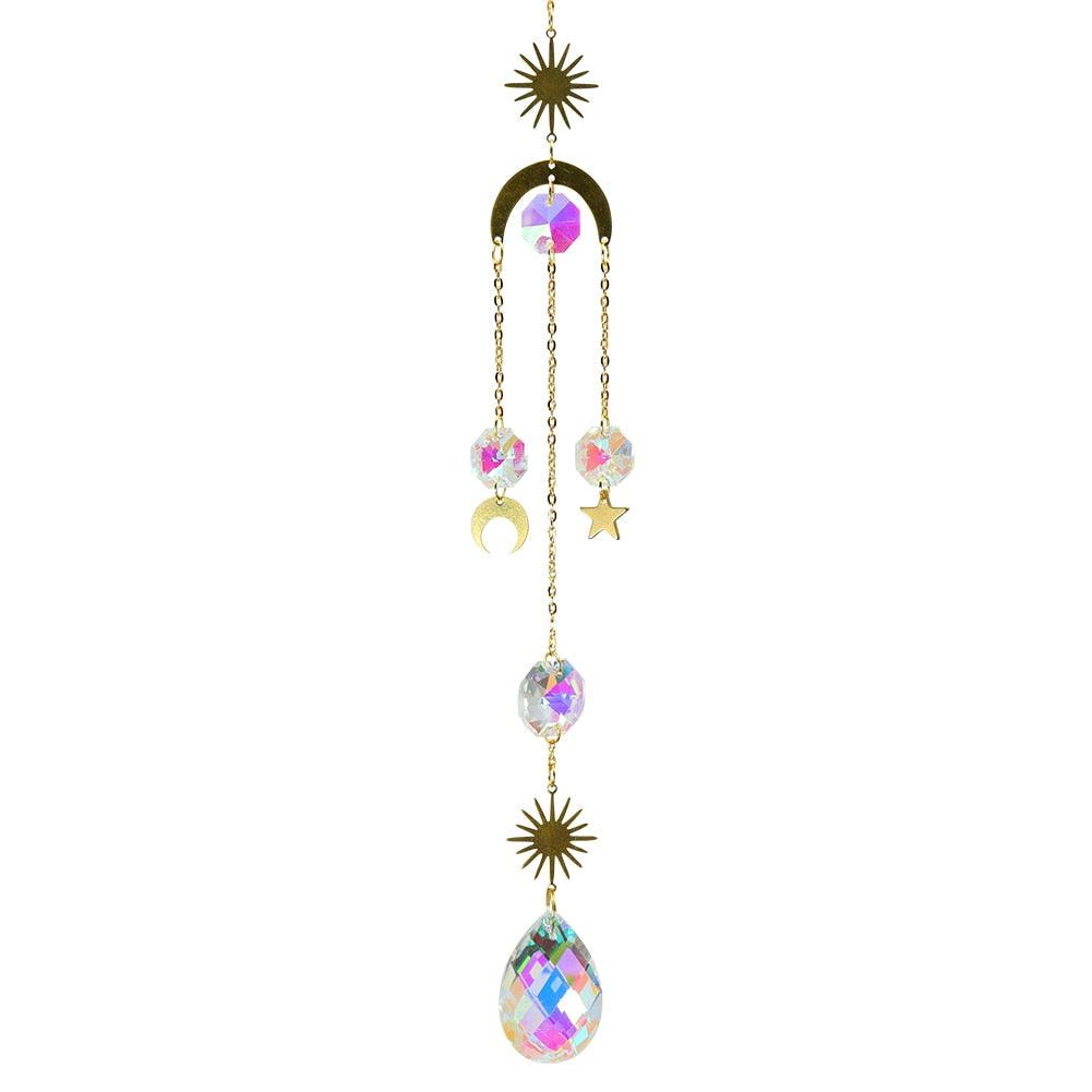 Metallic Hoop Moon Sun Wind Chimes K9 Crystal Prisms Hanging Sun-catcher Rainbow Chaser Window Curtains Pendant Home Decor Gifts For Wall Hanging Decor Room Home Photography Prop
