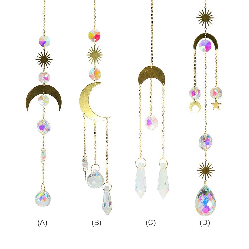 Metallic Hoop Moon Sun Wind Chimes K9 Crystal Prisms Hanging Sun-catcher Rainbow Chaser Window Curtains Pendant Home Decor Gifts For Wall Hanging Decor Room Home Photography Prop
