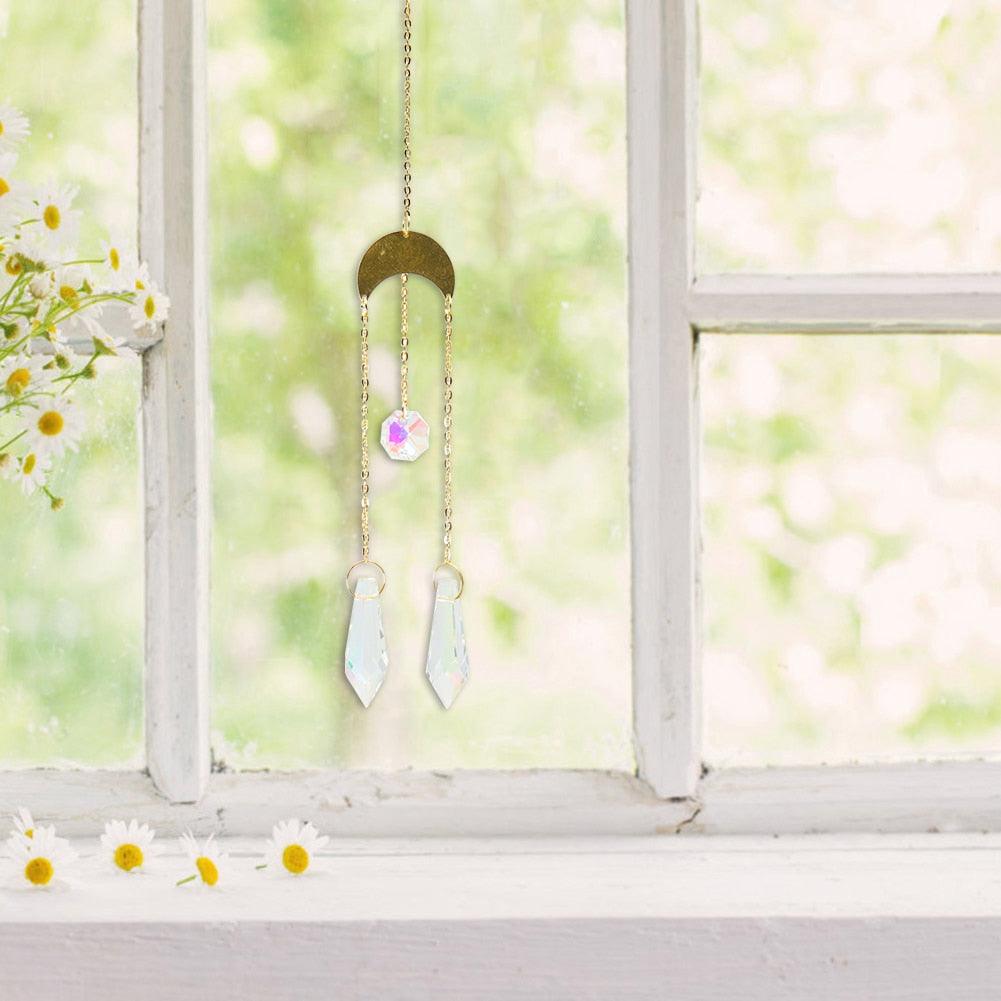 Metallic Hoop Moon Sun Wind Chimes K9 Crystal Prisms Hanging Sun-catcher Rainbow Chaser Window Curtains Pendant Home Decor Gifts For Wall Hanging Decor Room Home Photography Prop