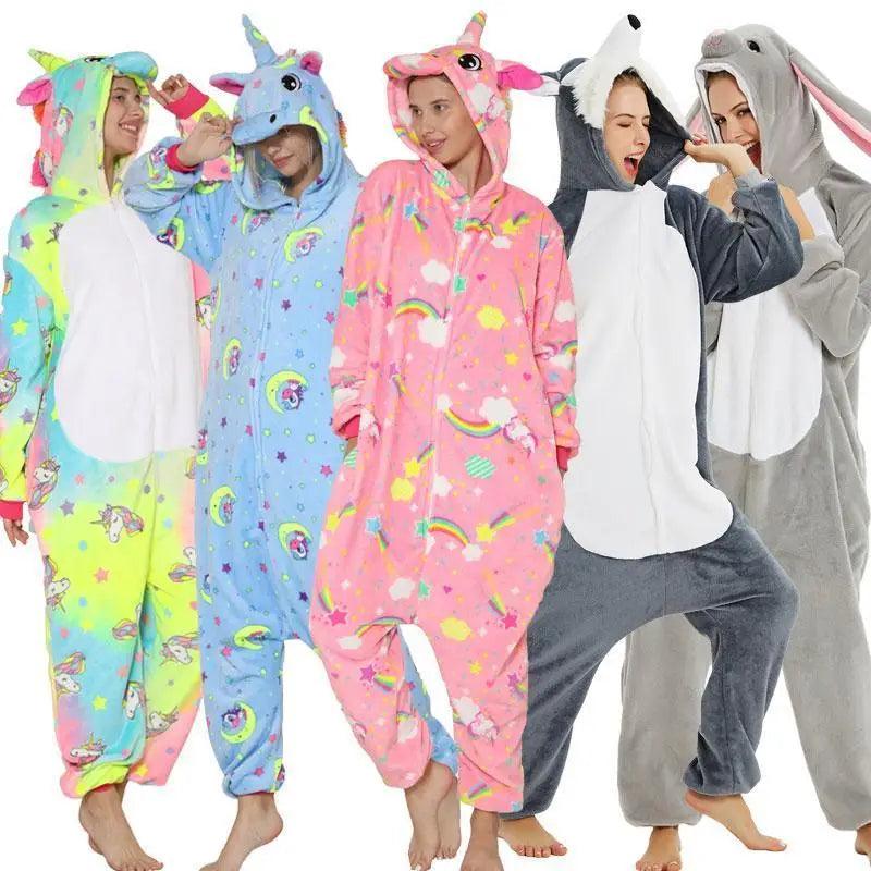 New Animal Pajamas Women Unicorn Sleepwear Panda Pajama Cartoon Overalls Winter Rabbit Nightie Jumpsuit For Winter Girls Unicorn Pajamas Costume Fleece Hooded Animal Sleepwear Christmas Cosplay Unicorn Gift
