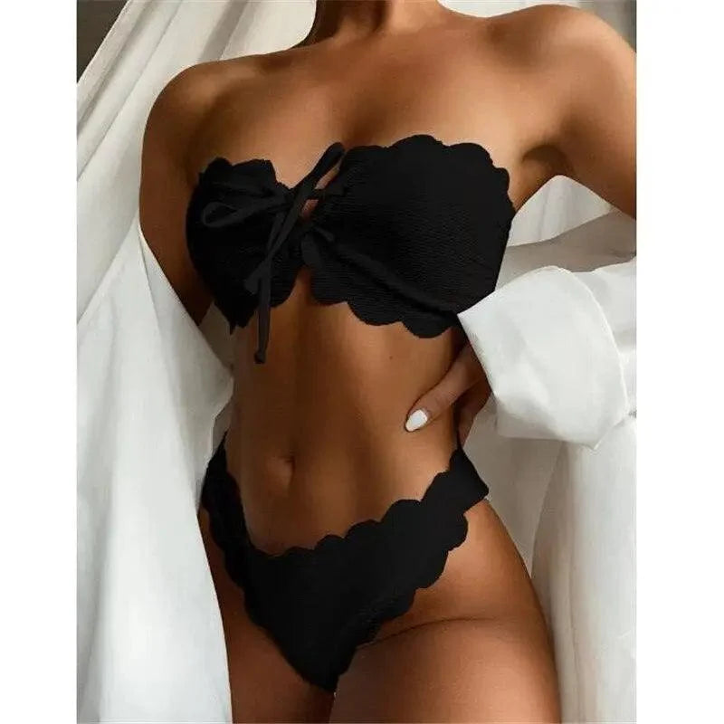 New Black/White Bikini High Waist Strapless Bikini Women Swimwear Women's Swimsuit Padded Bathing Suit Lace-up Pure Color Soft And Comfortable Bikinis