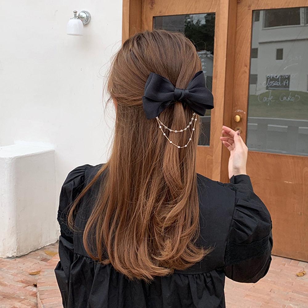 New Bow Pearls Chain Barrettes Hairpins For Women Rhinestone Spring Hair Clips Ribbon Headband Ponytail Headdress Wedding Hair Accessories for Brides and Bridesmaids