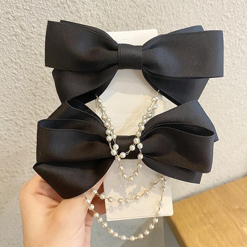 New Bow Pearls Chain Barrettes Hairpins For Women Rhinestone Spring Hair Clips Ribbon Headband Ponytail Headdress Wedding Hair Accessories for Brides and Bridesmaids