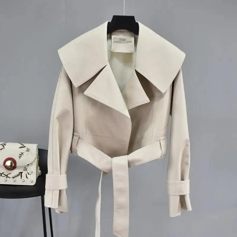 New Elegance Autumn Women's Pu Leather Jackets Short Coat Turndown Collar Belt Lace-up Motorcycle Black Punk Red Overcoat Female Outwear