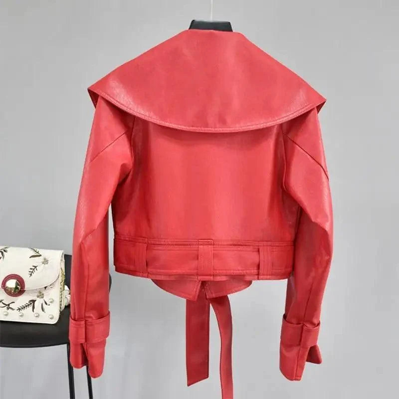 New Elegance Autumn Women's Pu Leather Jackets Short Coat Turndown Collar Belt Lace-up Motorcycle Black Punk Red Overcoat Female Outwear