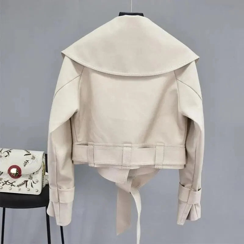New Elegance Autumn Women's Pu Leather Jackets Short Coat Turndown Collar Belt Lace-up Motorcycle Black Punk Red Overcoat Female Outwear