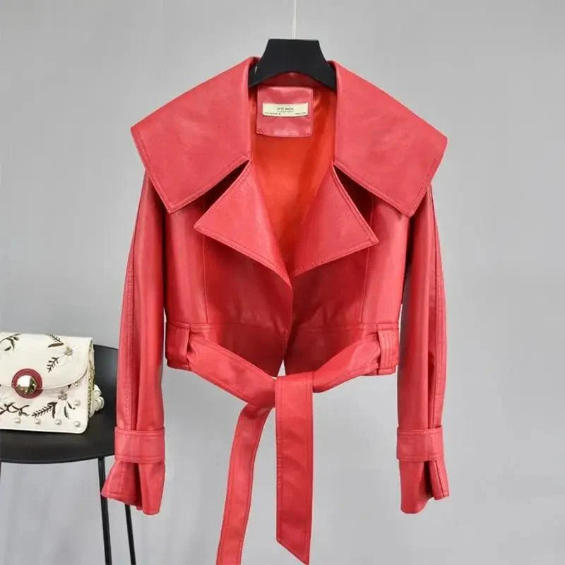 New Elegance Autumn Women's Pu Leather Jackets Short Coat Turndown Collar Belt Lace-up Motorcycle Black Punk Red Overcoat Female Outwear