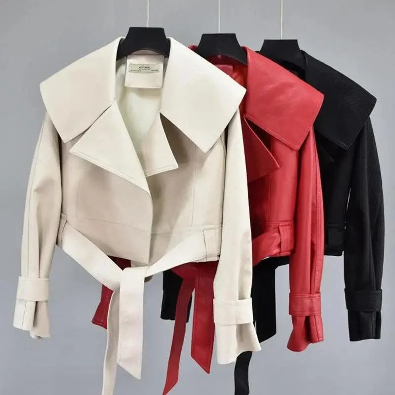 New Elegance Autumn Women's Pu Leather Jackets Short Coat Turndown Collar Belt Lace-up Motorcycle Black Punk Red Overcoat Female Outwear