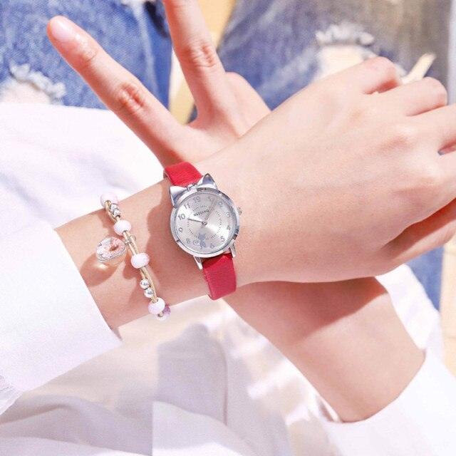 New Fashion Childrens Watch Analog Children Quartz Watch With Bracelet Set Little Cat Watch Kids Children Quartz Electronic Watch Unisex Wrist Leather Strap Watches