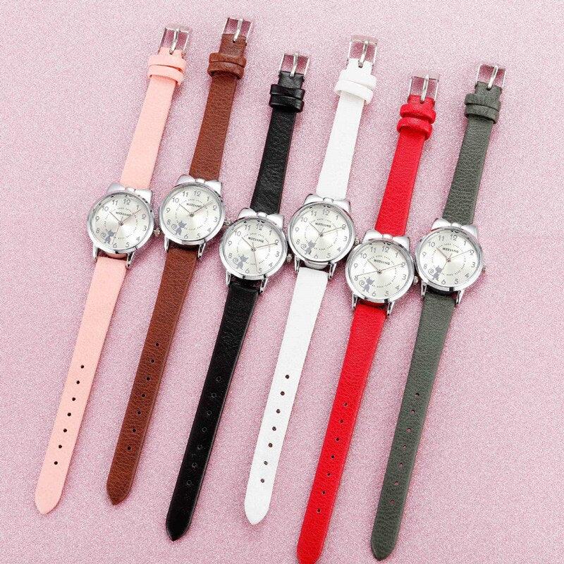 New Fashion Childrens Watch Analog Children Quartz Watch With Bracelet Set Little Cat Watch Kids Children Quartz Electronic Watch Unisex Wrist Leather Strap Watches