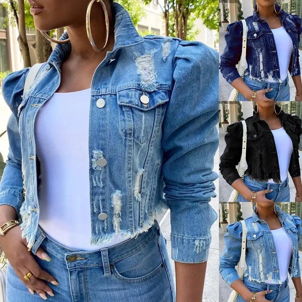 New Incredible Spring Women Sexy Ripped Denim Jackets Vintage Casual Short Jean Jacket Puff Sleeve Winter Female Coat Streetwear